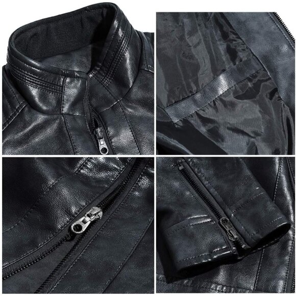 🆕 Men Black Stand Collar Leather Jacket Motorcycle Lightweight Durable Outwear - Picture 7 of 7